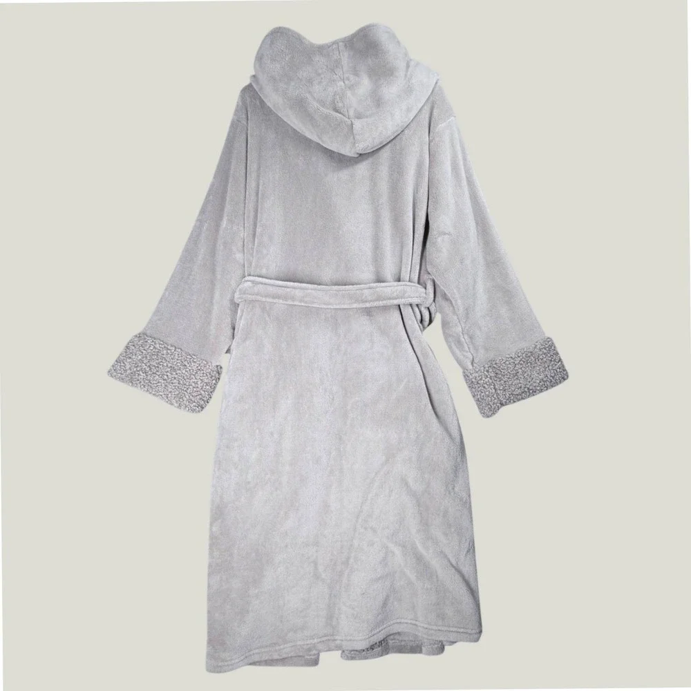 Pottery Barn Robe Women Large Gray Plush Faux Fur Trim Hooded Belted Long Fleece